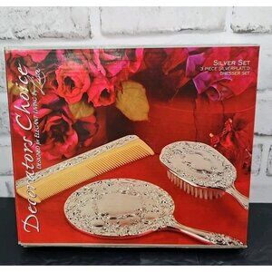 Vtg New Davco Silver Plated 3 Pc Brush Mirror Comb Dresser Set #7090